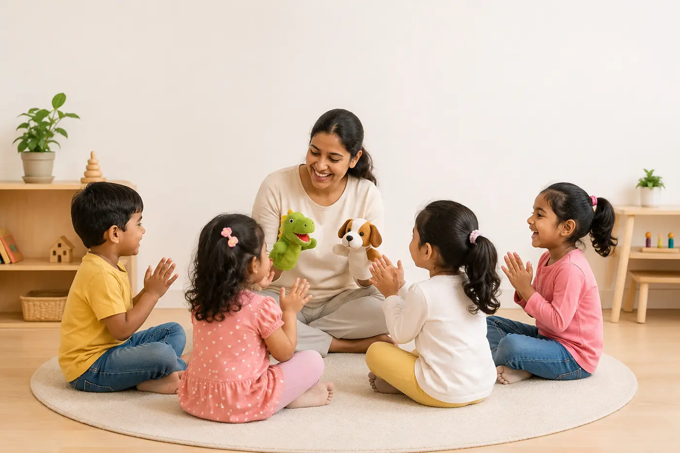 Preschoolers gathered for story and song with their teacher