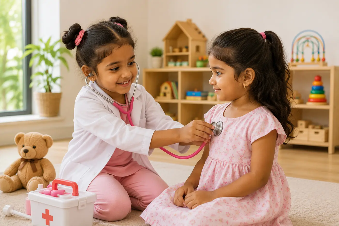 Preschoolers in imaginative play with toys and blocks