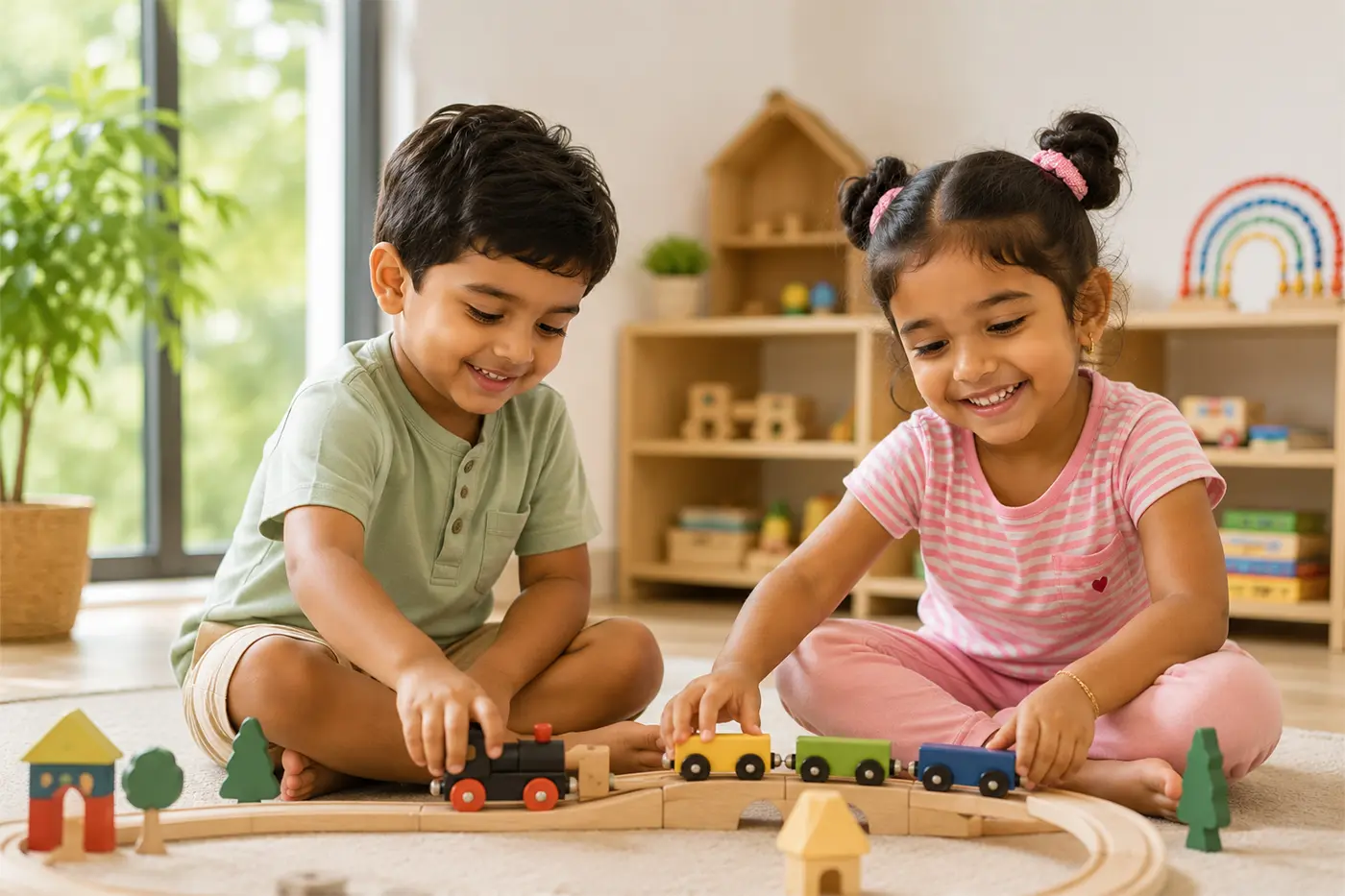 Young child focused on playful wood-train learning