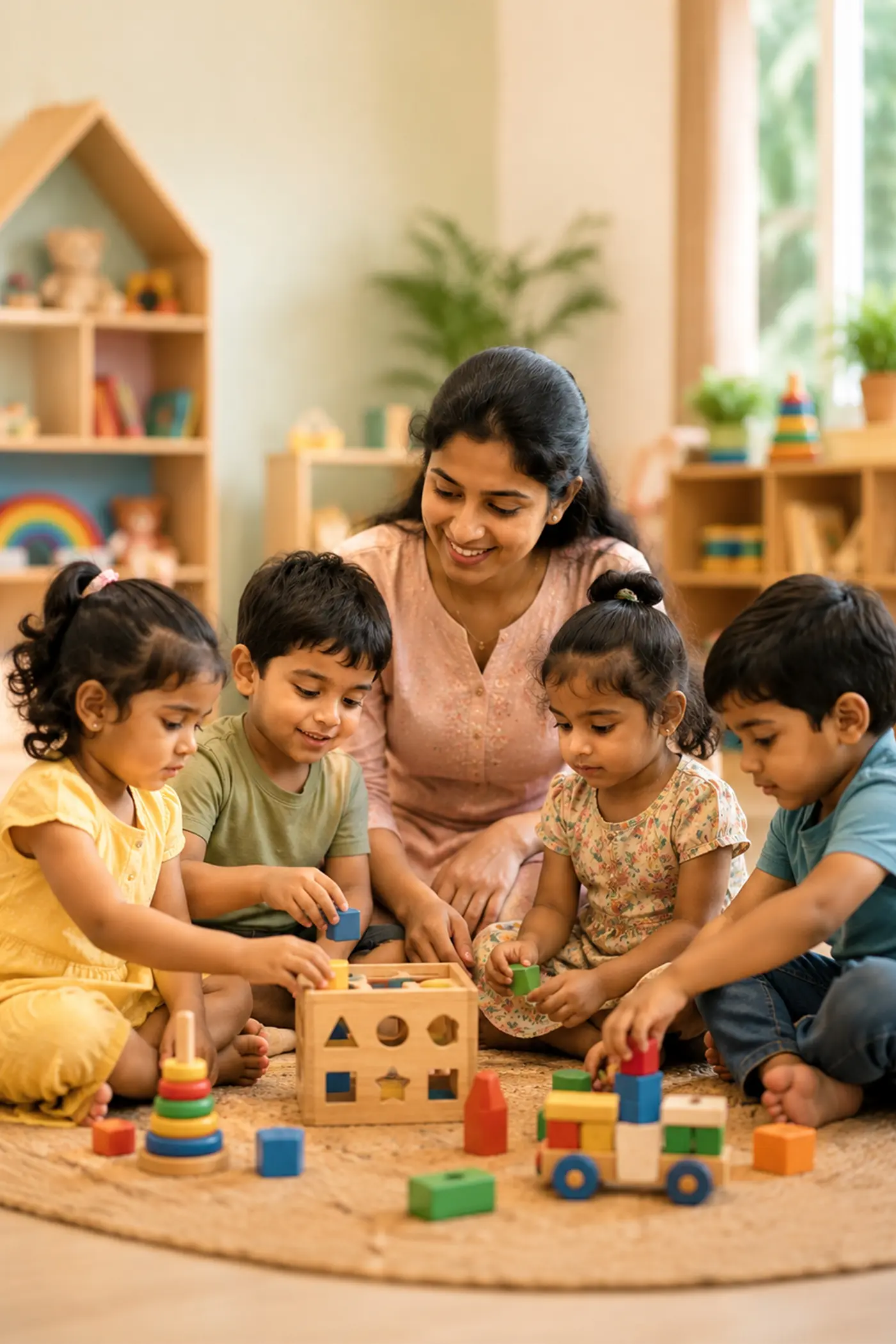 Warm story circle with preschoolers and a teacher
