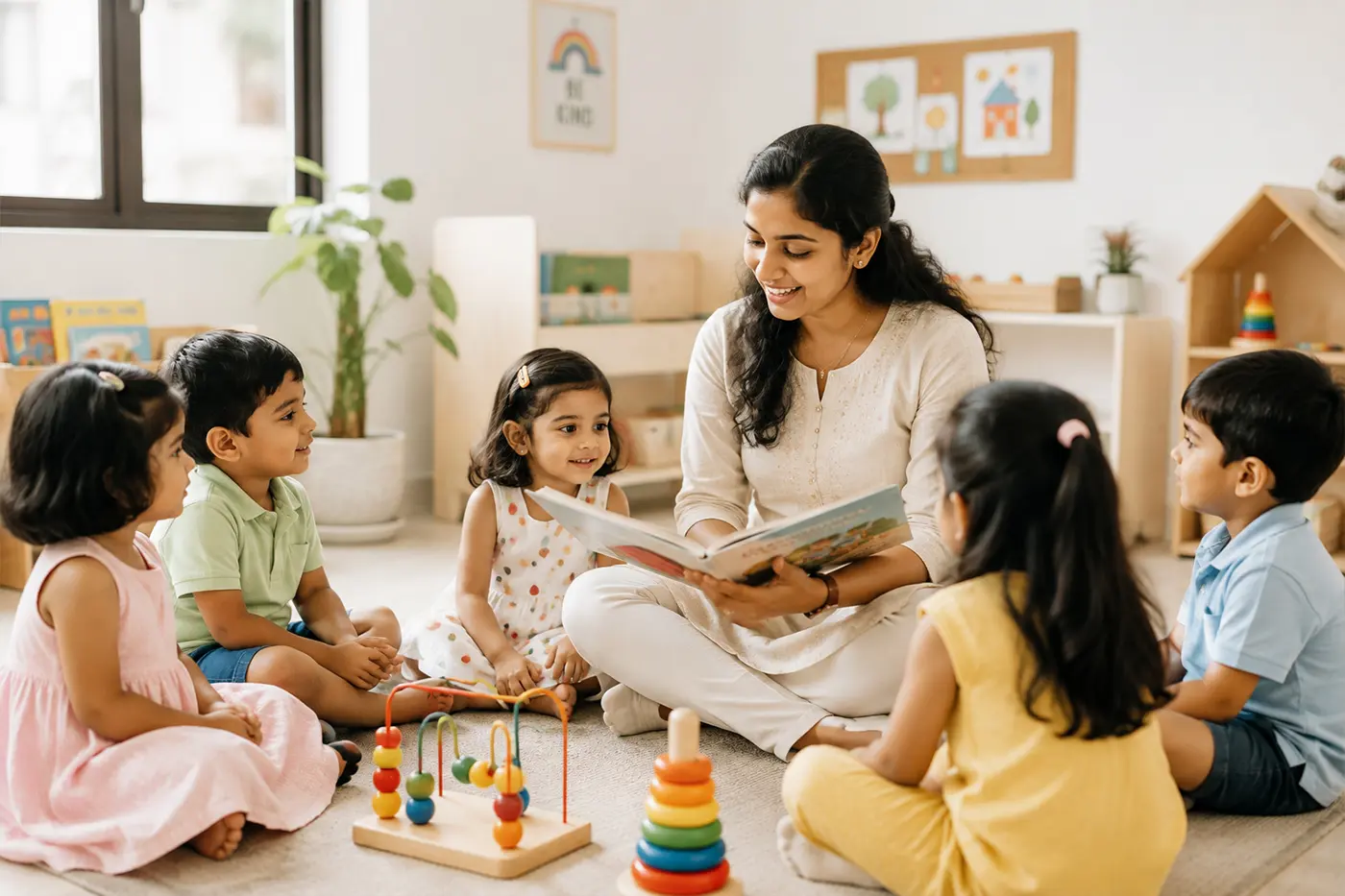 Teacher reading a story to preschoolers on the floor
