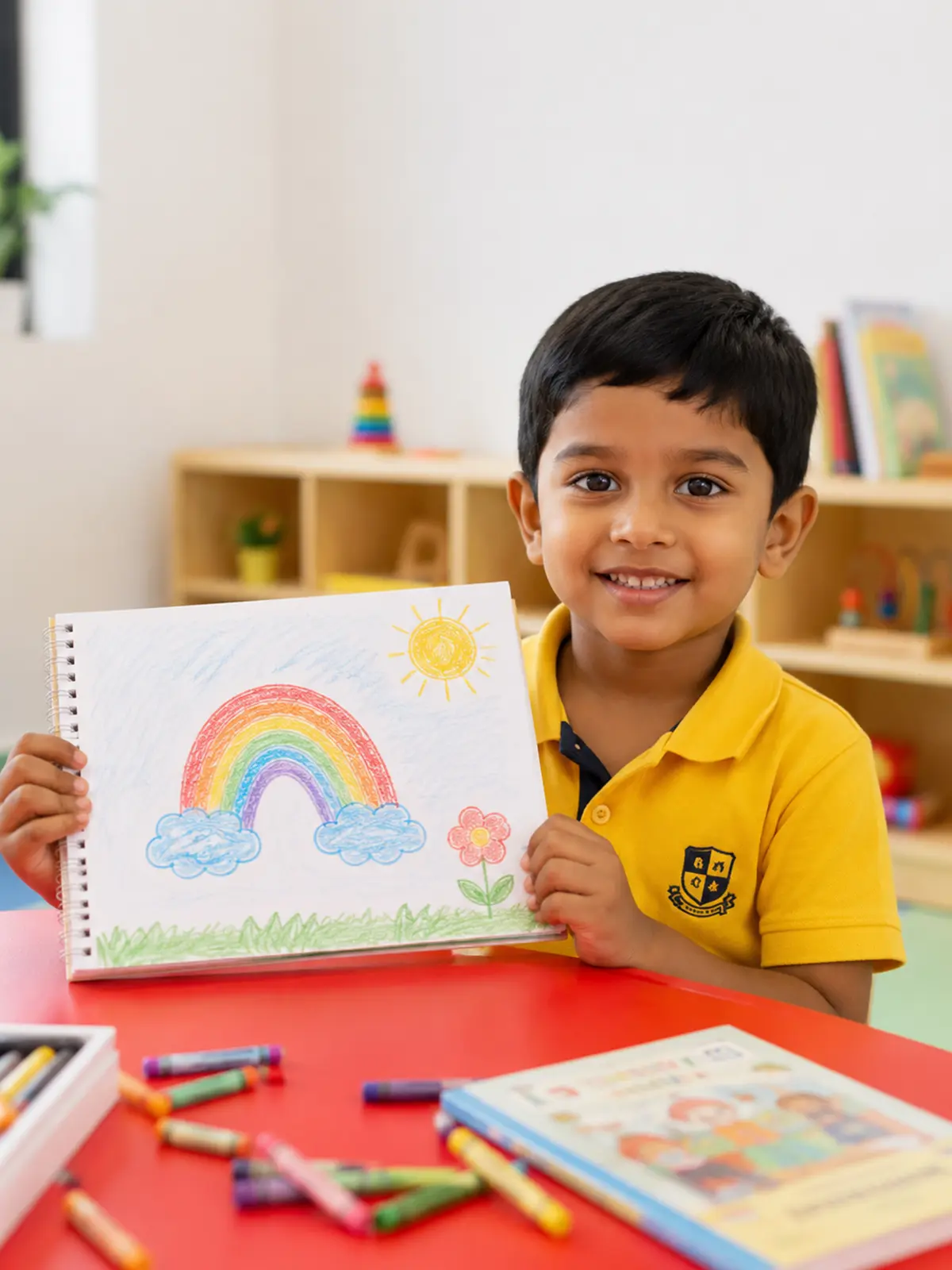 South Asian child engaged in classroom learning with notebooks