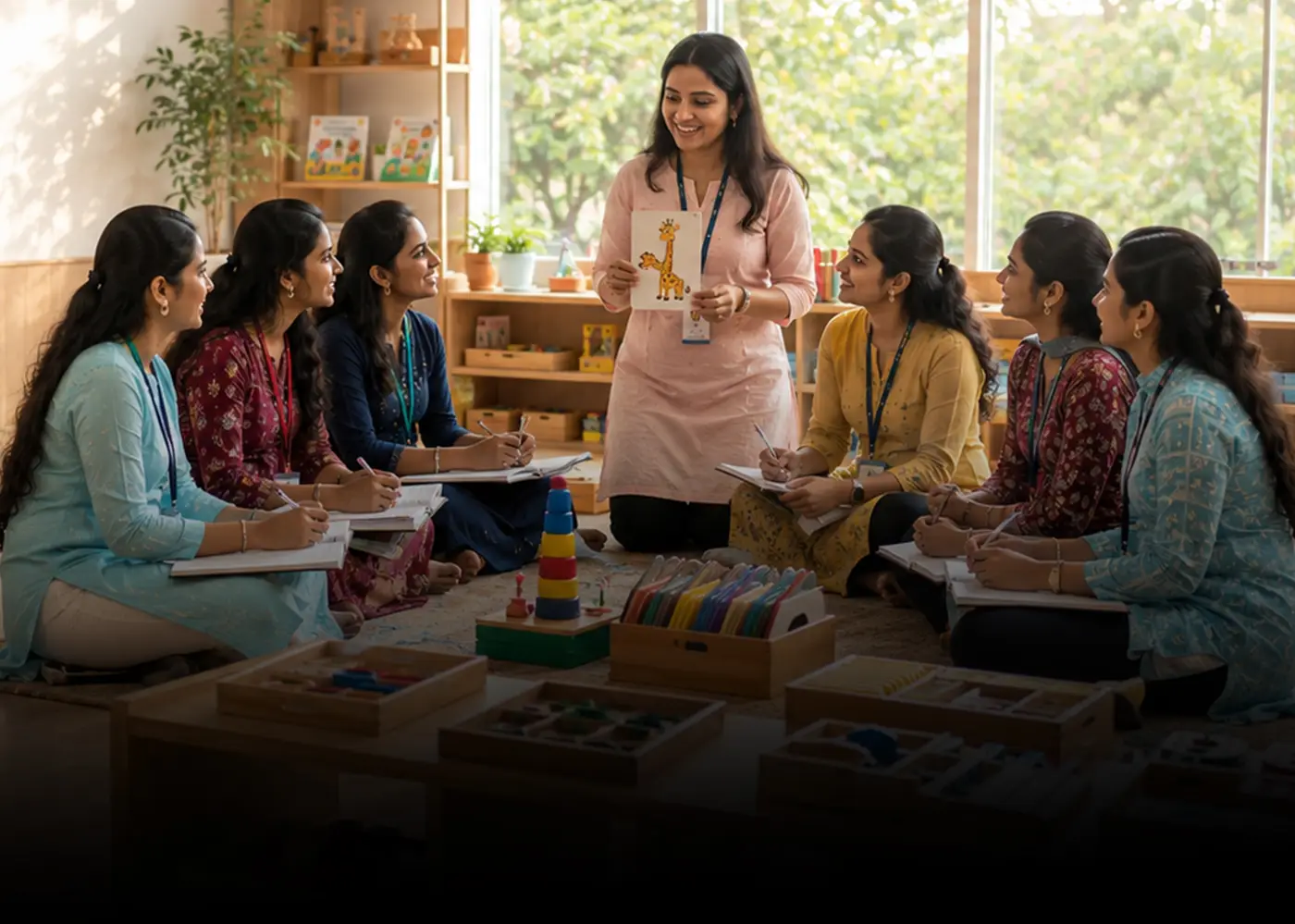 An educator guiding young learners in a classroom